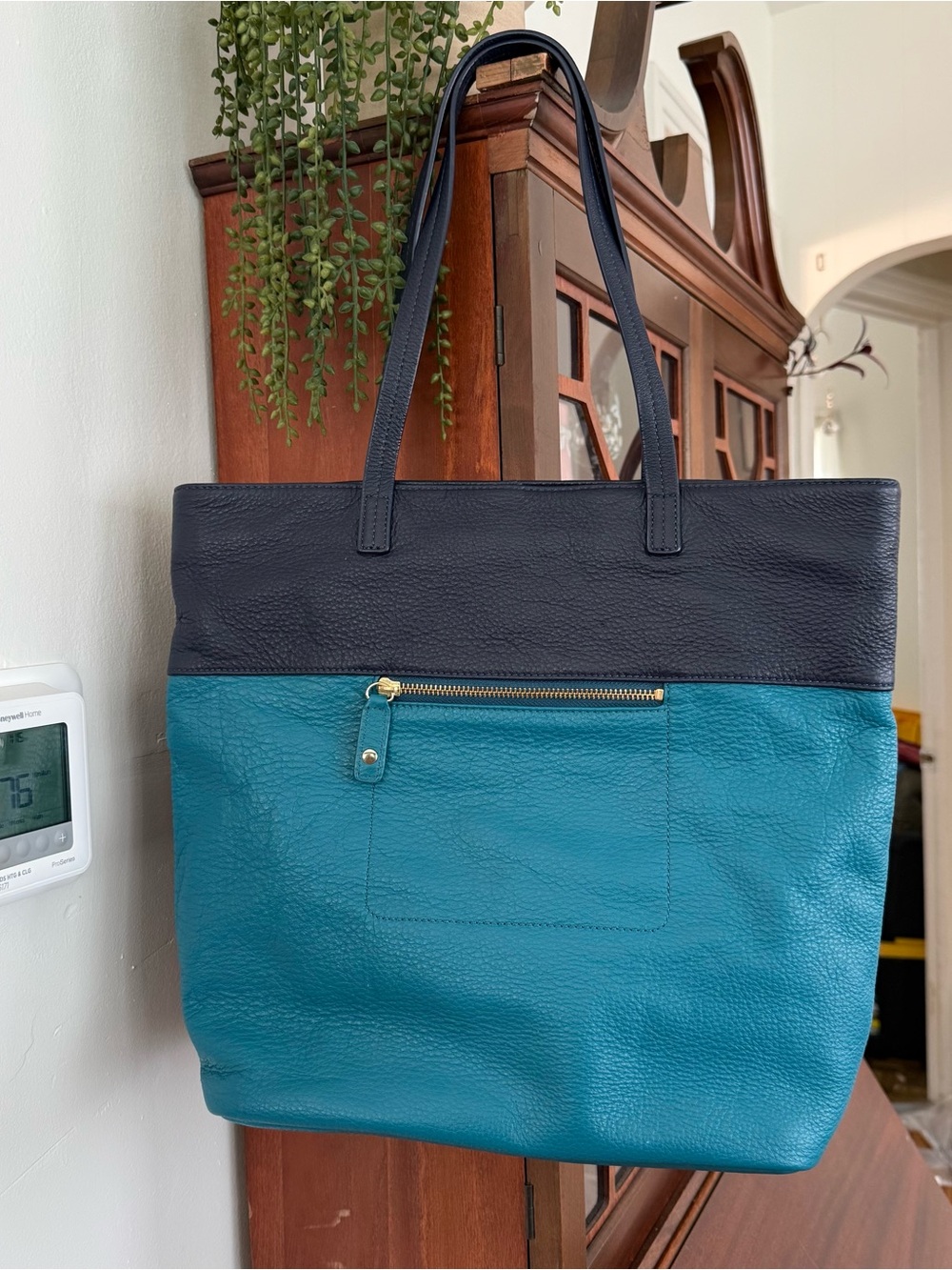 Talbots leather teal blue color block tote bag